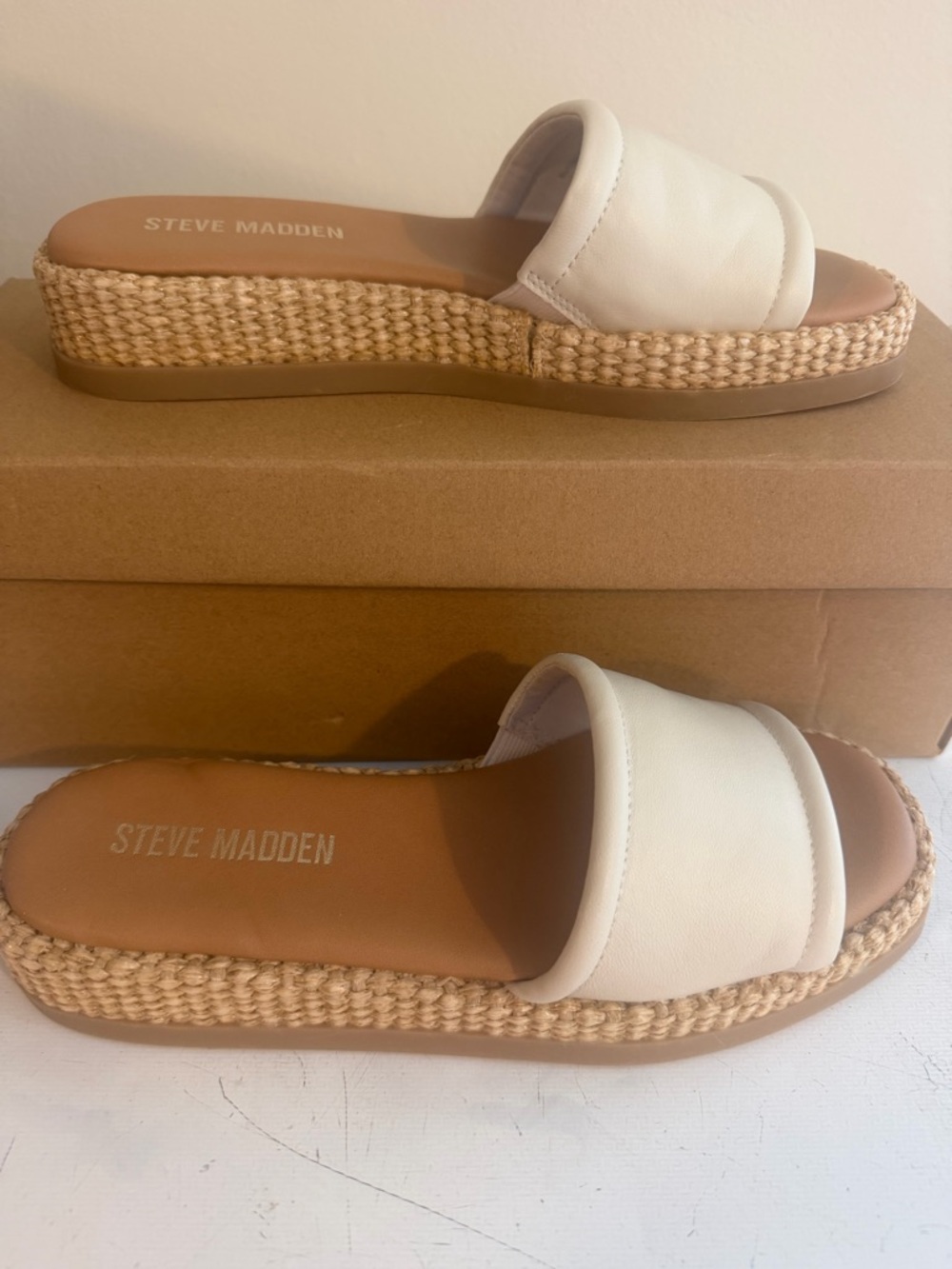 Steve Madden Cream Slide Sandals with Woven Espadrille Platform